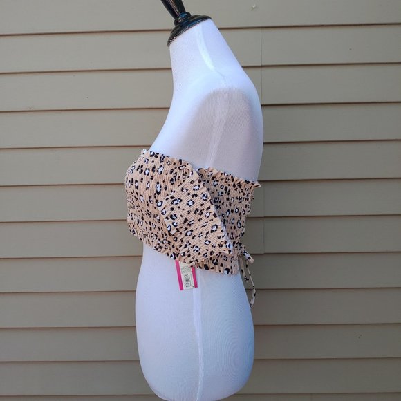 Xhilaration Animal Print Bikini Top Tan Smocked Off-Shoulder Lace-Up NWT - Picture 6 of 13